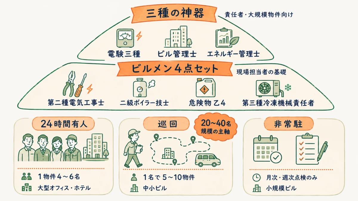 ビルメン4点セットと三種の神器、体制パターンを示す図