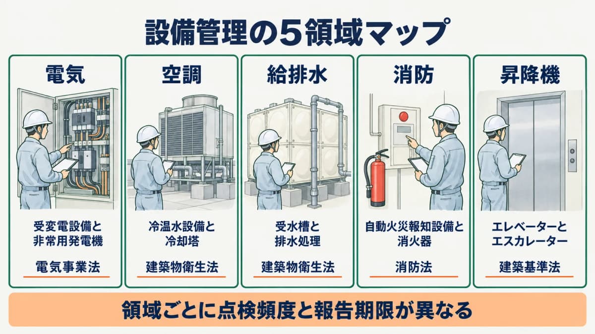 設備管理が扱う5領域の対象設備と代表的な根拠法を示す図