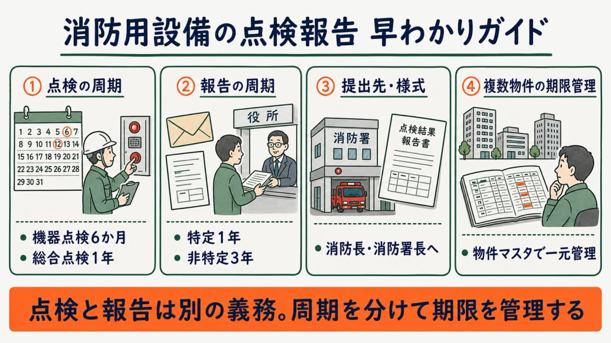 消防用設備の点検報告の周期と提出先を整理したガイドのイメージ図
