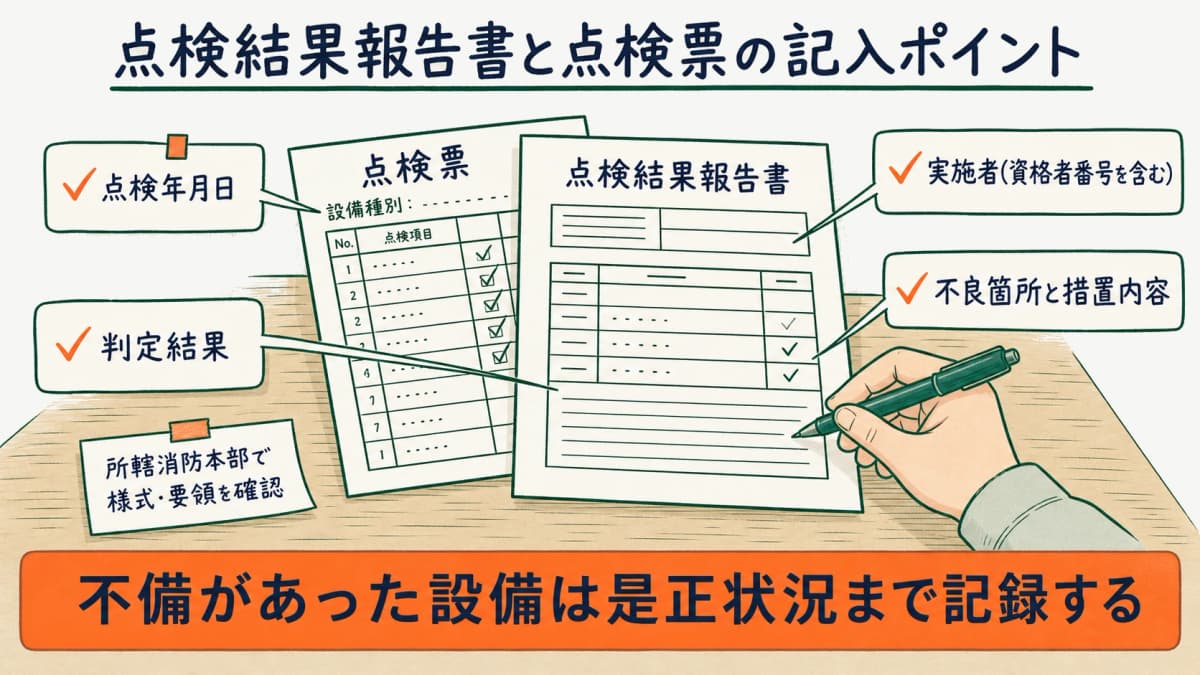 点検結果報告書と点検票の記入項目を示した様式イメージ