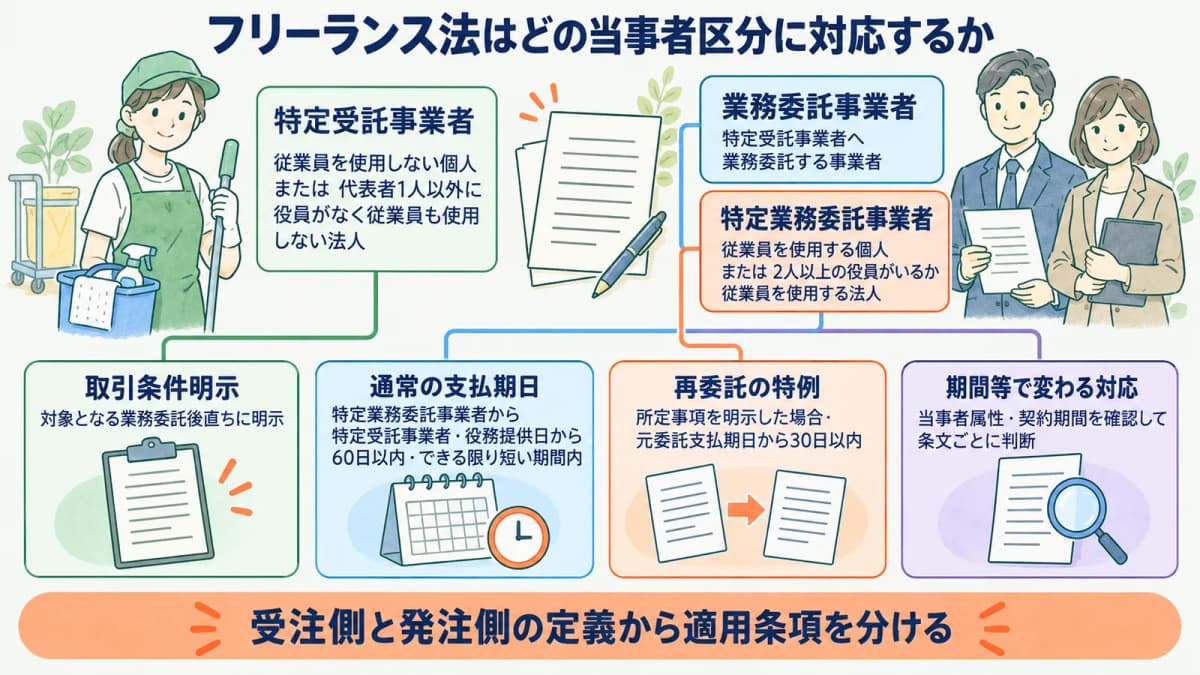 個人で請け負う清掃スタッフと発注書で当事者区分を確認する図