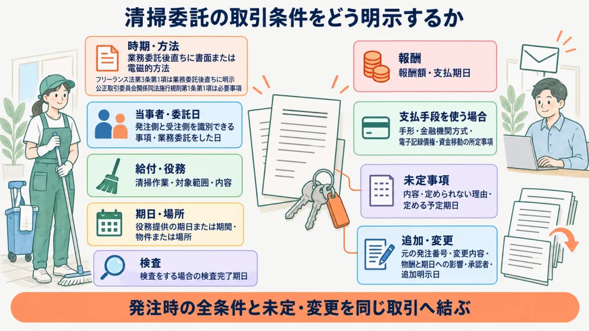 清掃の発注書と鍵束を並べて取引条件を確認する図