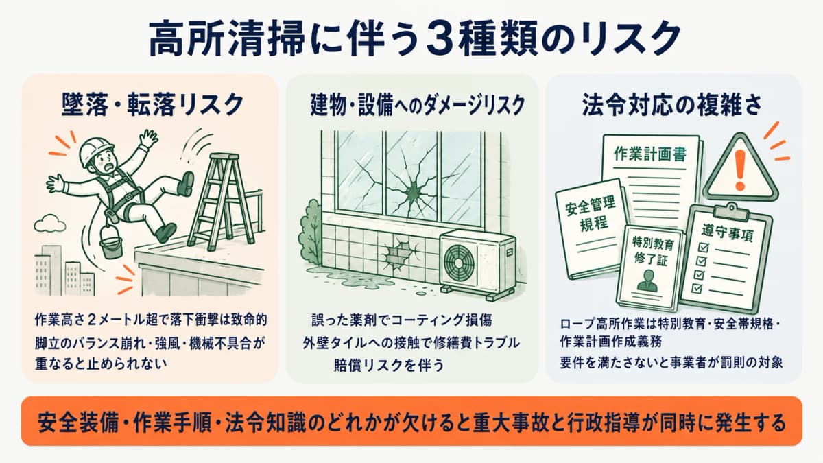 高所清掃に伴う3種類のリスクを整理した図
