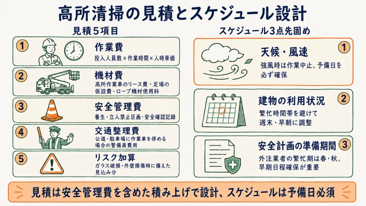 高所清掃の見積項目とスケジュール設計の考え方を示す図