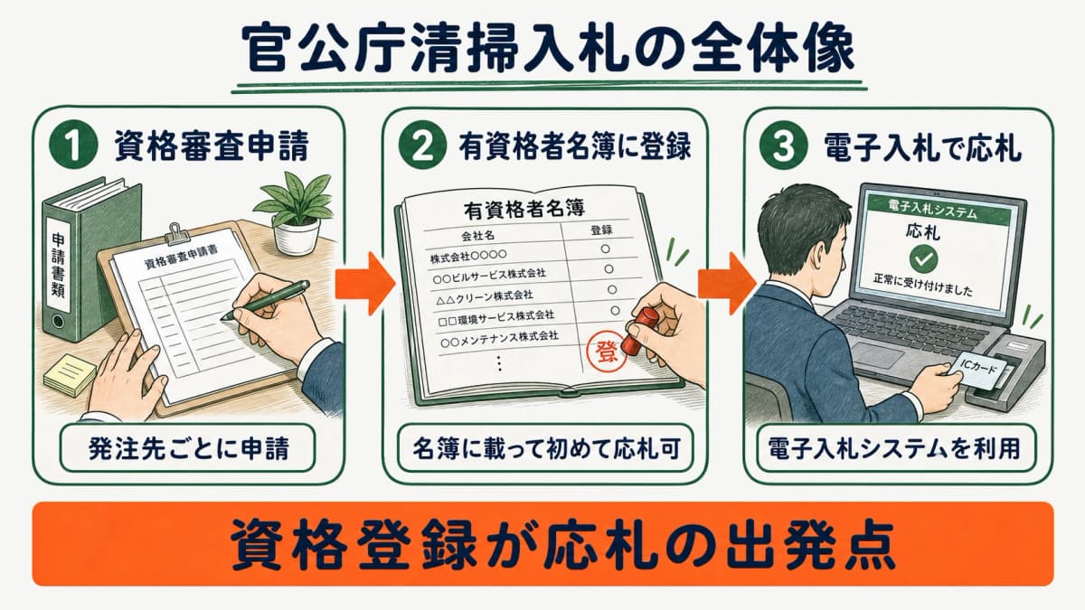 官公庁清掃入札の全体像を示すアイキャッチ。資格審査申請、有資格者名簿、電子入札の3ステップを結ぶ図解
