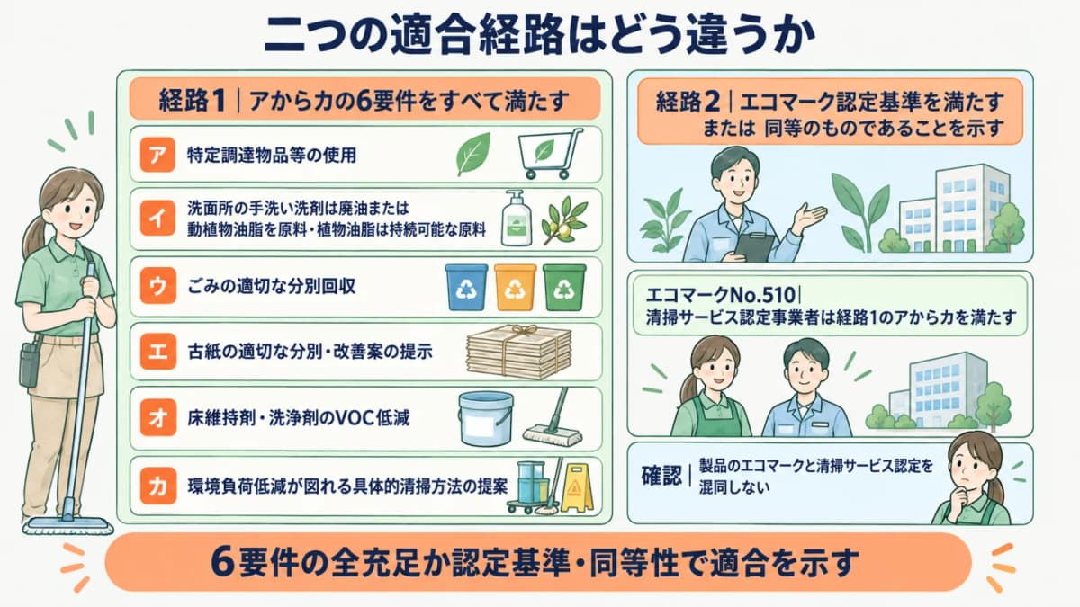 ワックス缶と分別ごみ箱で二つの適合経路を整理する図