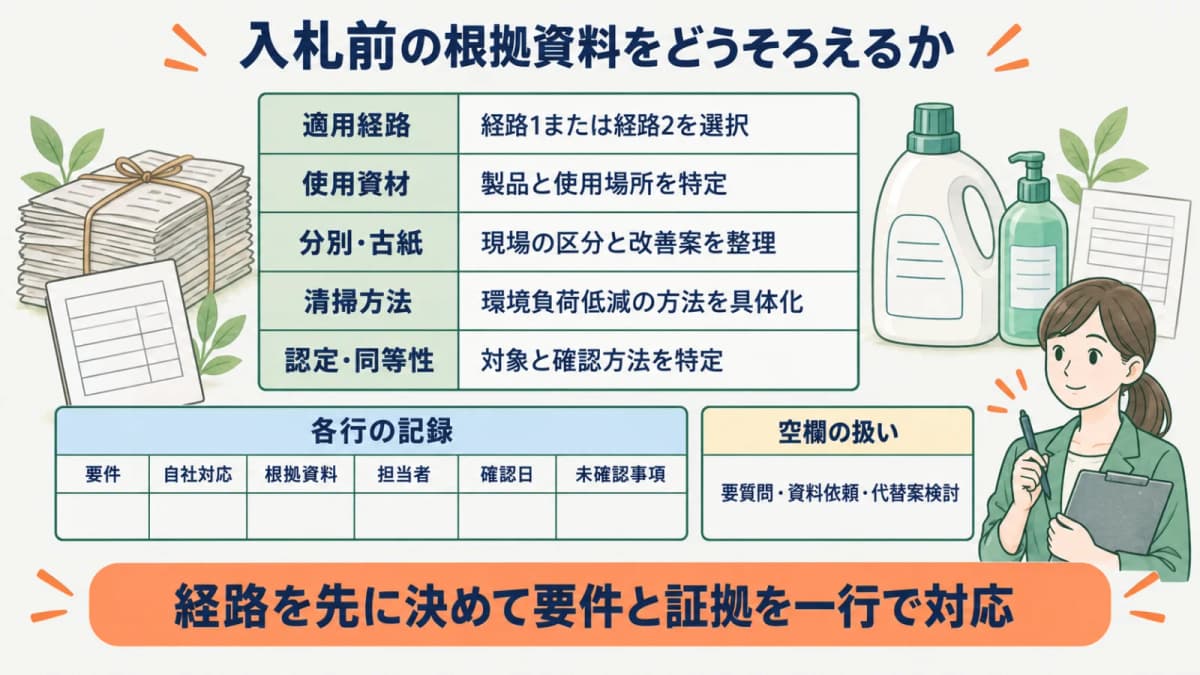 古紙の束と洗剤ボトルを前に根拠資料を確認する図