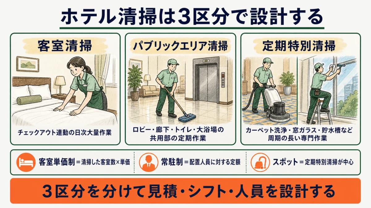 客室清掃・パブリックエリア・定期特別清掃の3区分を並べた分類図