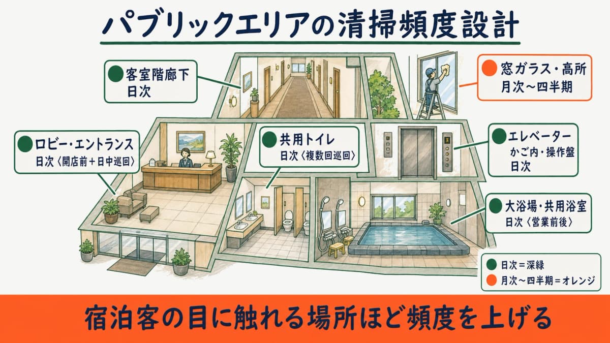 ロビー・廊下・トイレ・大浴場などの共用部を頻度別に色分けした館内図