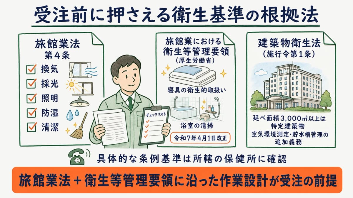 旅館業法と衛生等管理要領の衛生基準チェック項目を示す書類アイコンの図
