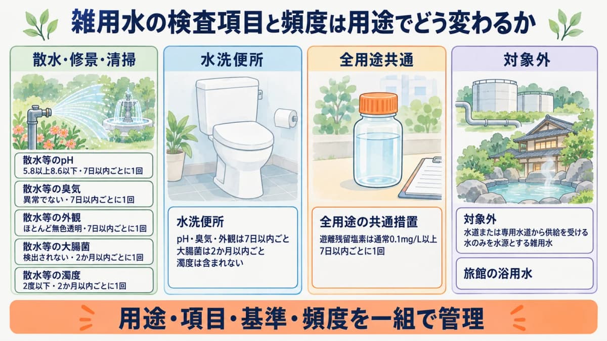 散水栓と水洗便所で雑用水の用途を区分する図