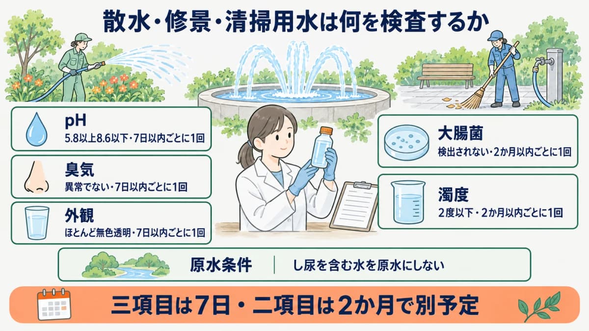 噴水と採水びんでpH・臭気・外観を確認する図
