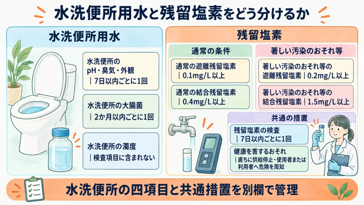 水洗便所と残留塩素用の採水びんを区分して記録する図