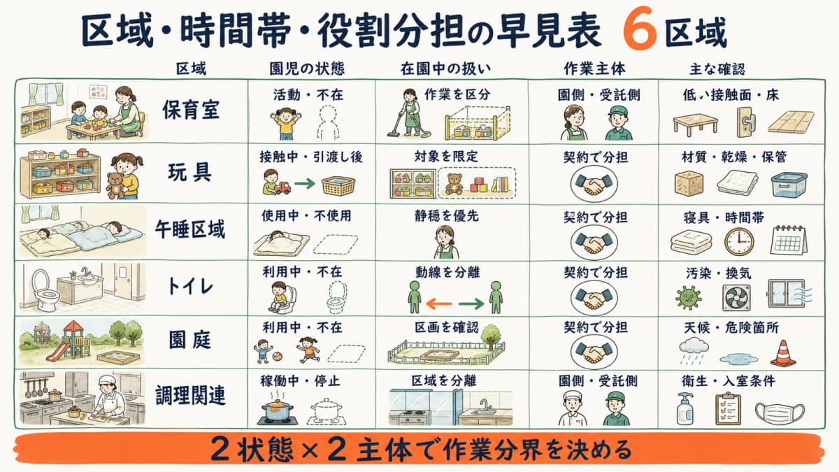 保育園の6区域を園児接触・在園中可否・作業者・資材保管で示す早見表