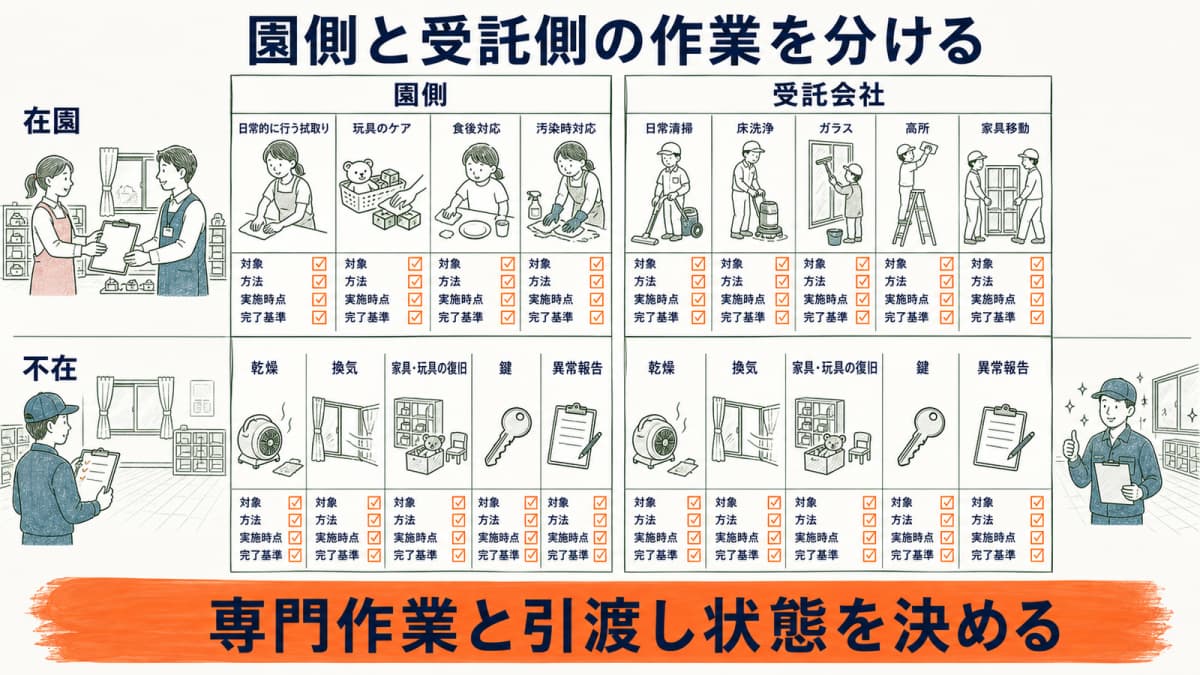 園側の日常ケアと受託会社の専門作業を在園・不在の二軸で分ける図