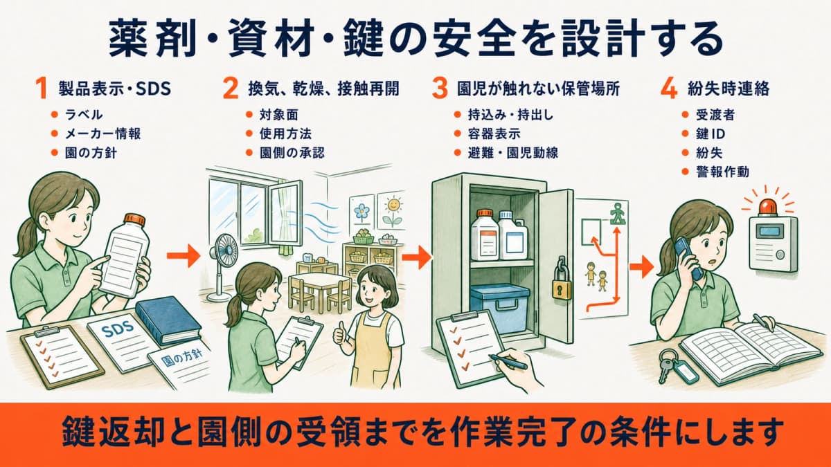 SDS・換気・接触・保管・鍵・入室・異常連絡を確認する流れ
