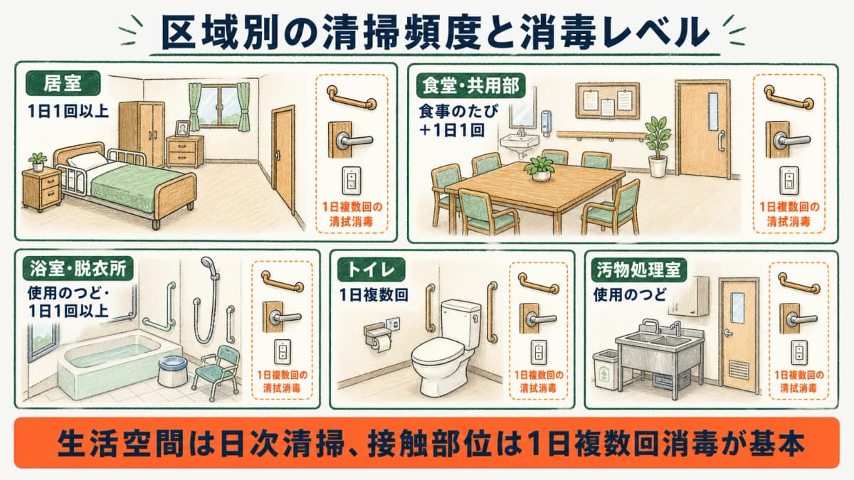 介護施設の居室・浴室・トイレを区域ごとに色分けし、清掃頻度と消毒レベルを示した早見図