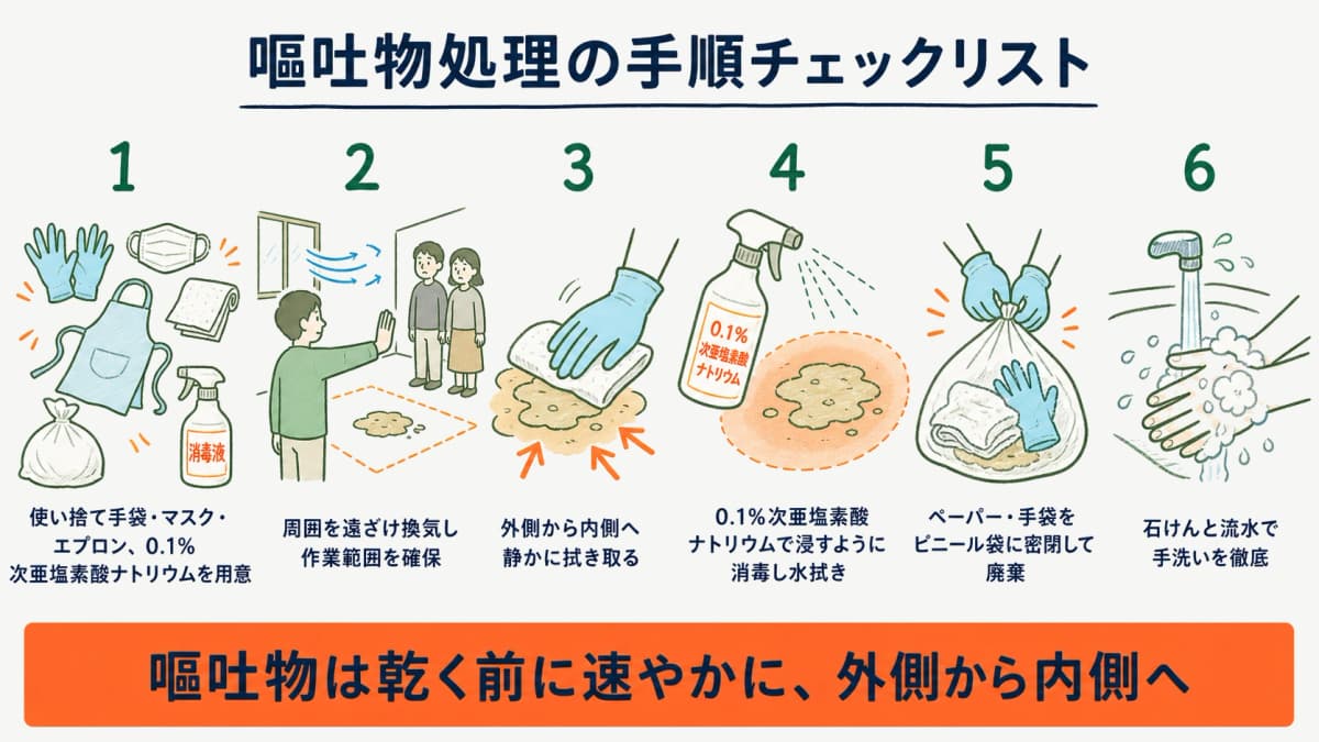 嘔吐物処理の手順を準備から廃棄まで順番に示したチェックリスト図