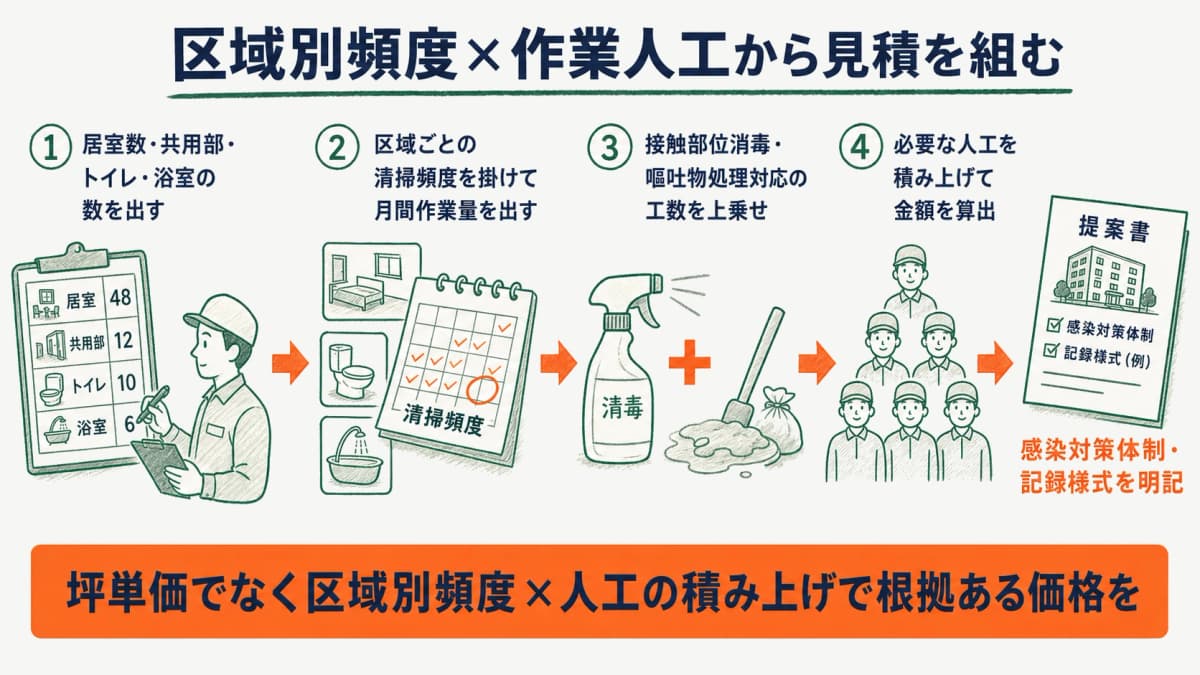 区域別の清掃頻度と作業人工から見積を組み立てる流れを示した図