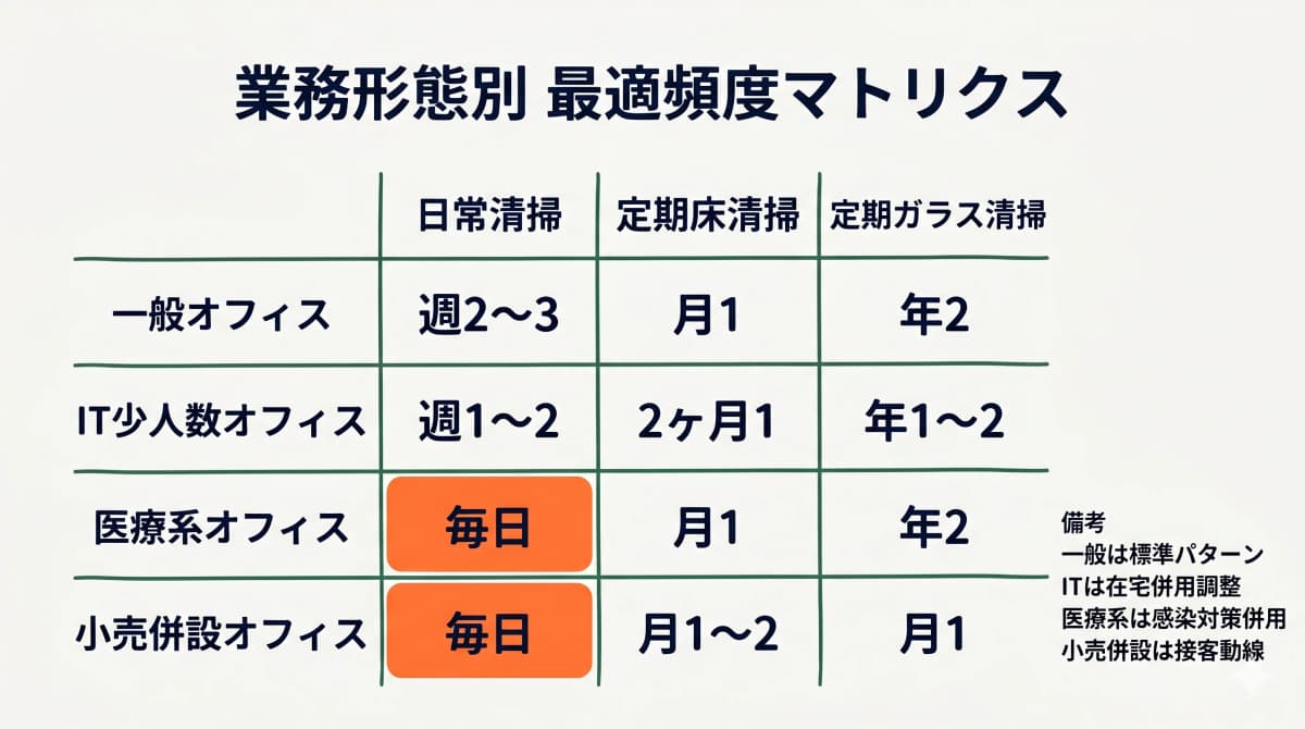 業務形態別のオフィス清掃頻度マトリクス