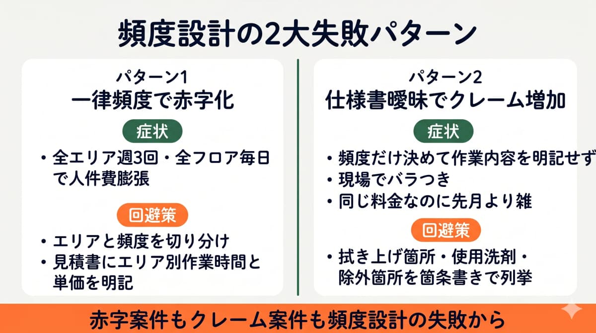 頻度設計の2大失敗パターン(一律頻度の赤字化・仕様書曖昧のクレーム)と回避策