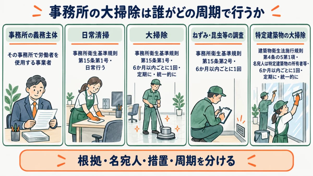 事務所の大掃除の義務主体・根拠条文・周期を5区分で比べた図
