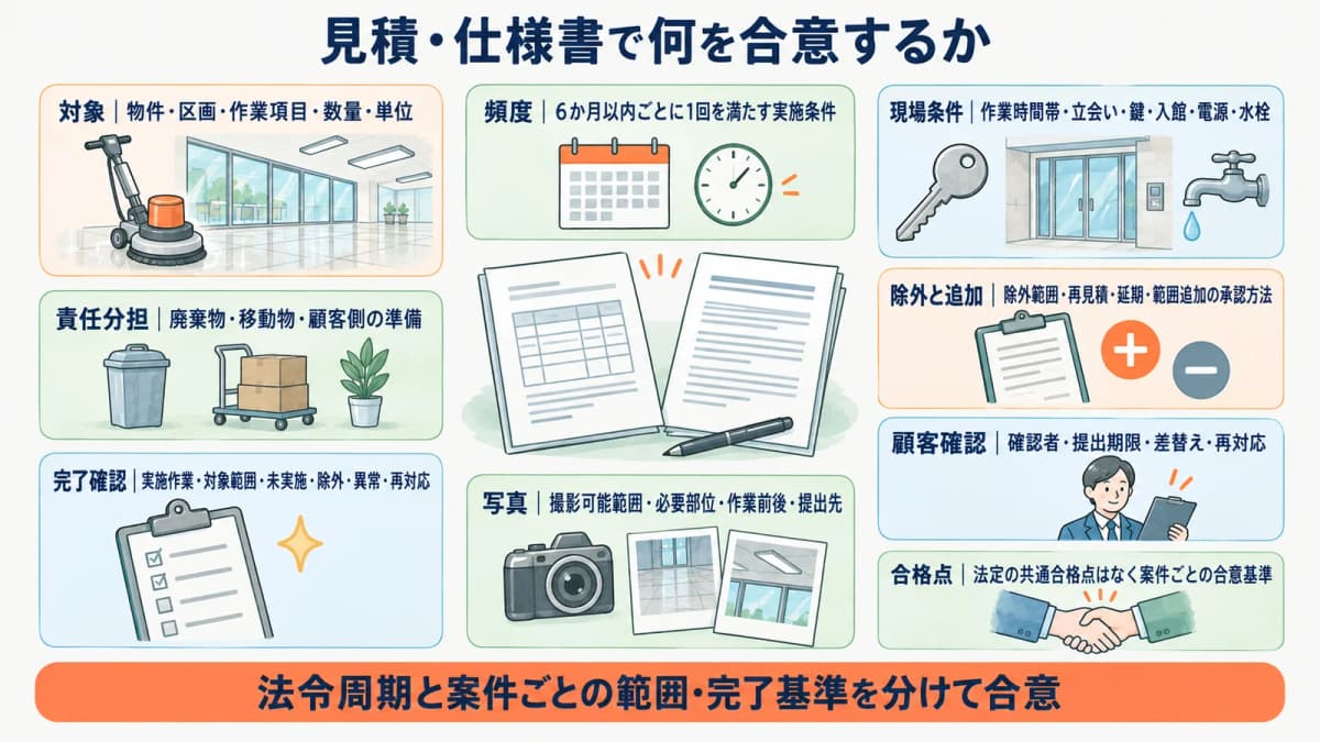 オフィスの床と窓の清掃範囲を仕様書で確認する図