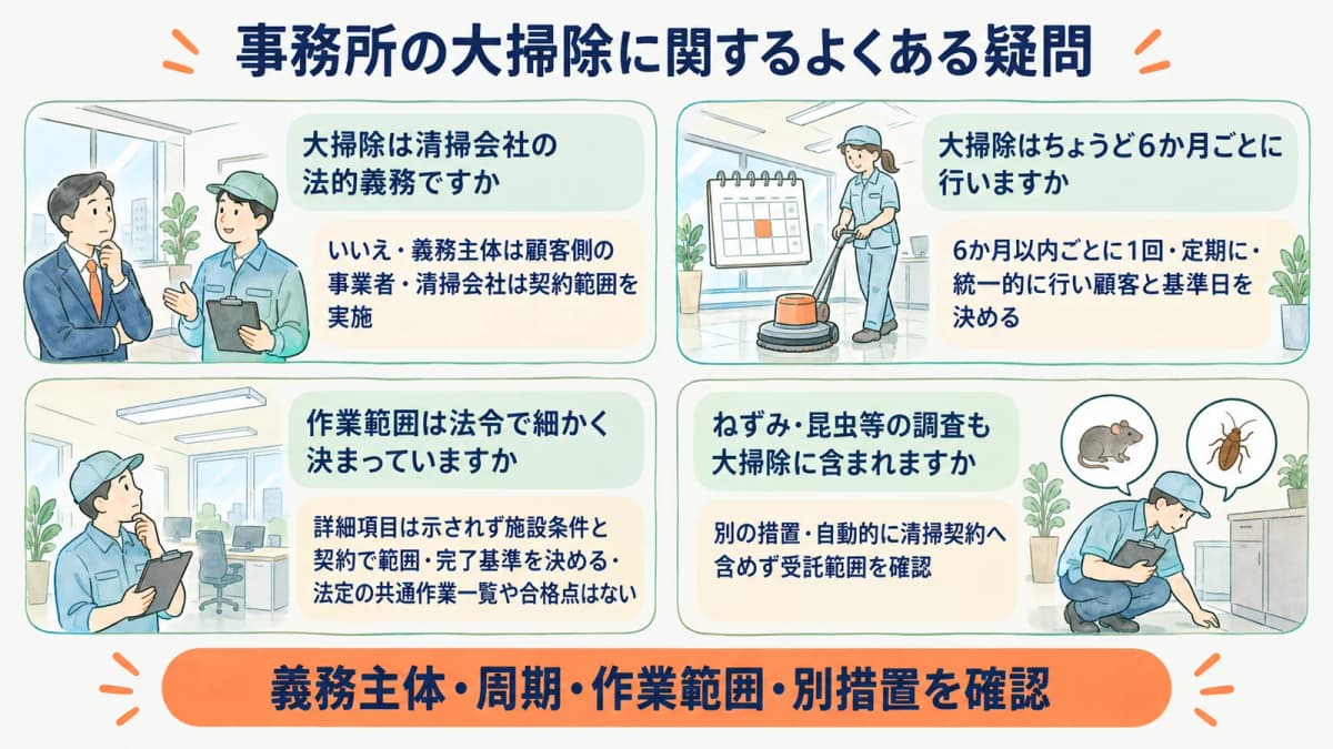オフィスの窓と床みがき機で大掃除の条件を確認するFAQ図