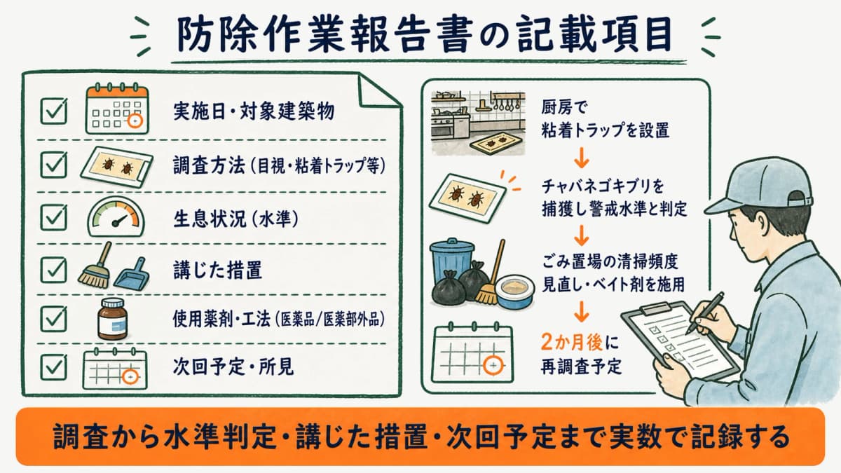防除作業報告書の記載項目テンプレと記入例のイメージ図