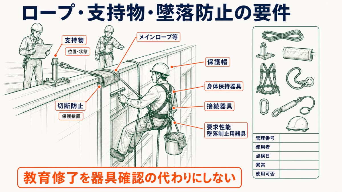 メインロープ等・支持物・切断防止・器具・保護帽の関係図