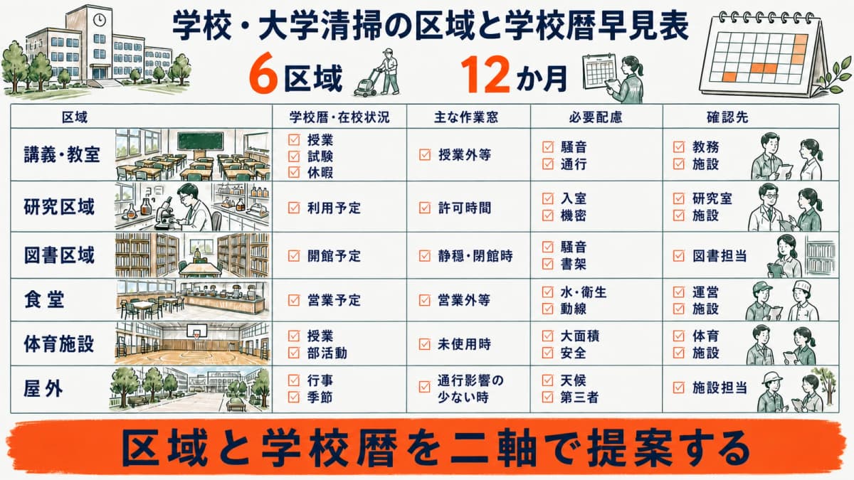 学校・大学の6区域を利用者・入室制約・汚染・作業窓・確認先で示す早見表