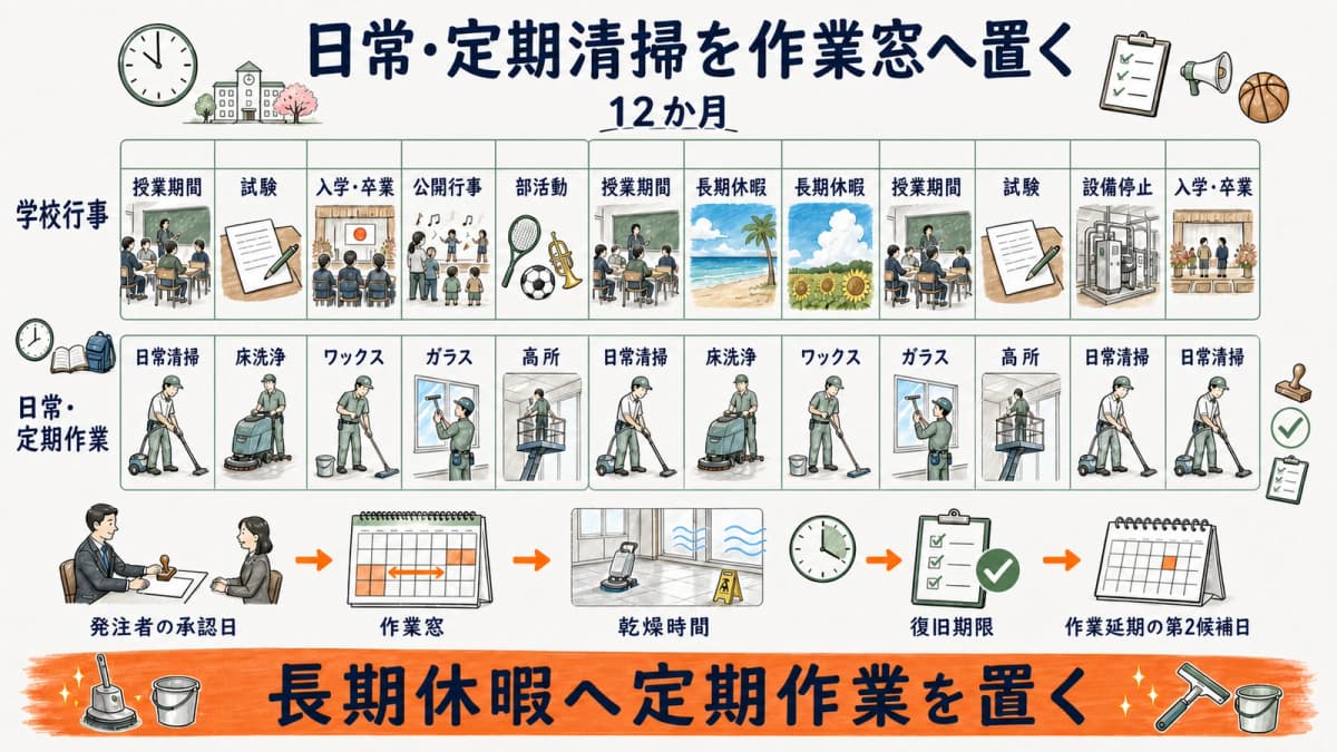 12か月の学校暦に学期中の日常作業と長期休暇の定期作業を二層配置する図