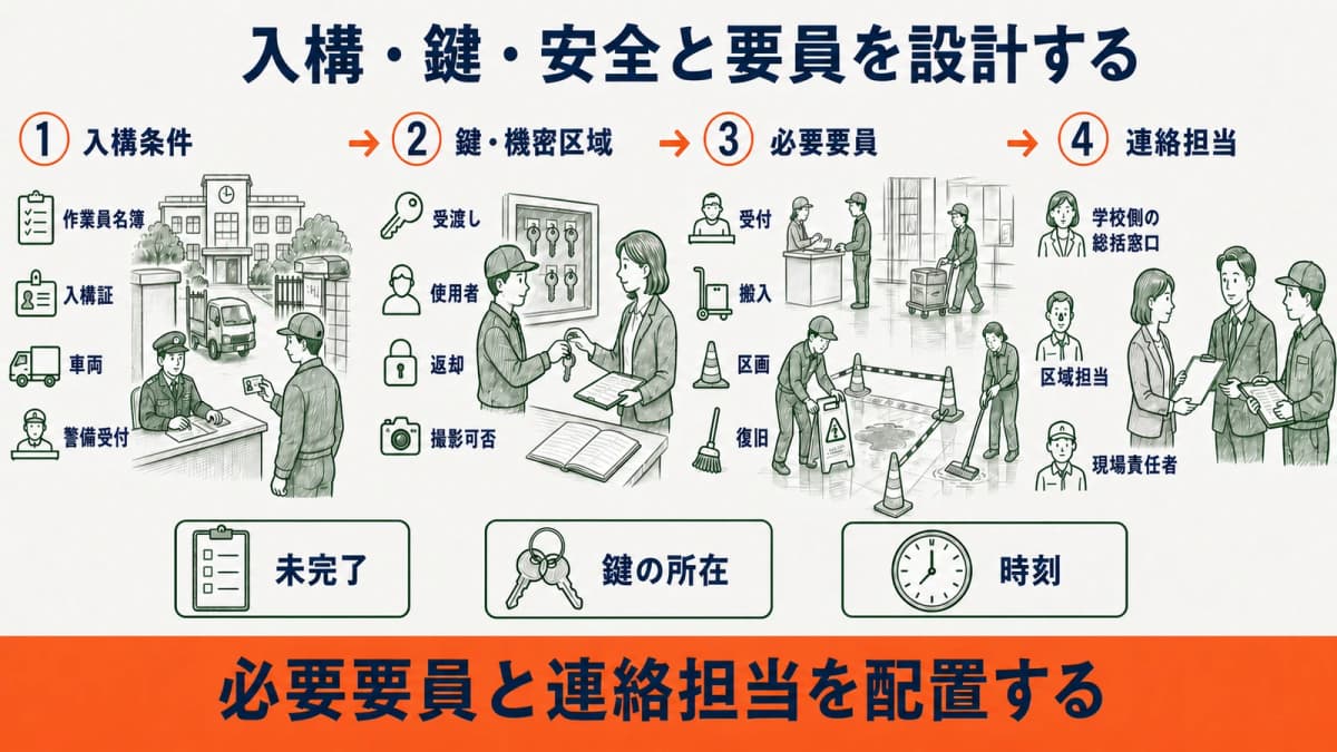 入構条件・鍵・機密区域・必要要員・連絡担当を対応させる図