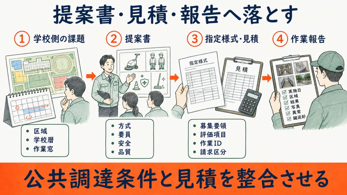 現地条件から提案章・指定様式・見積・報告へ落とす流れ