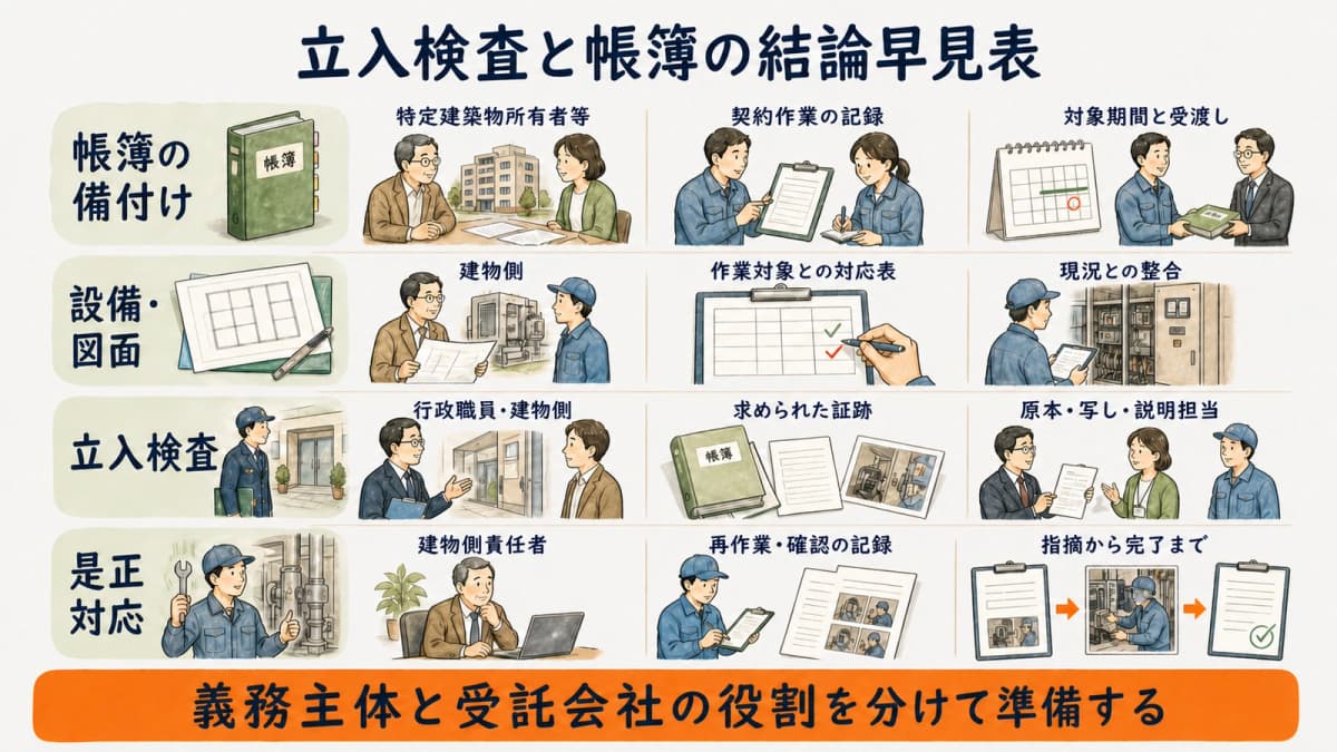特定建築物の帳簿義務と立入検査における受託会社の役割を示す早見表