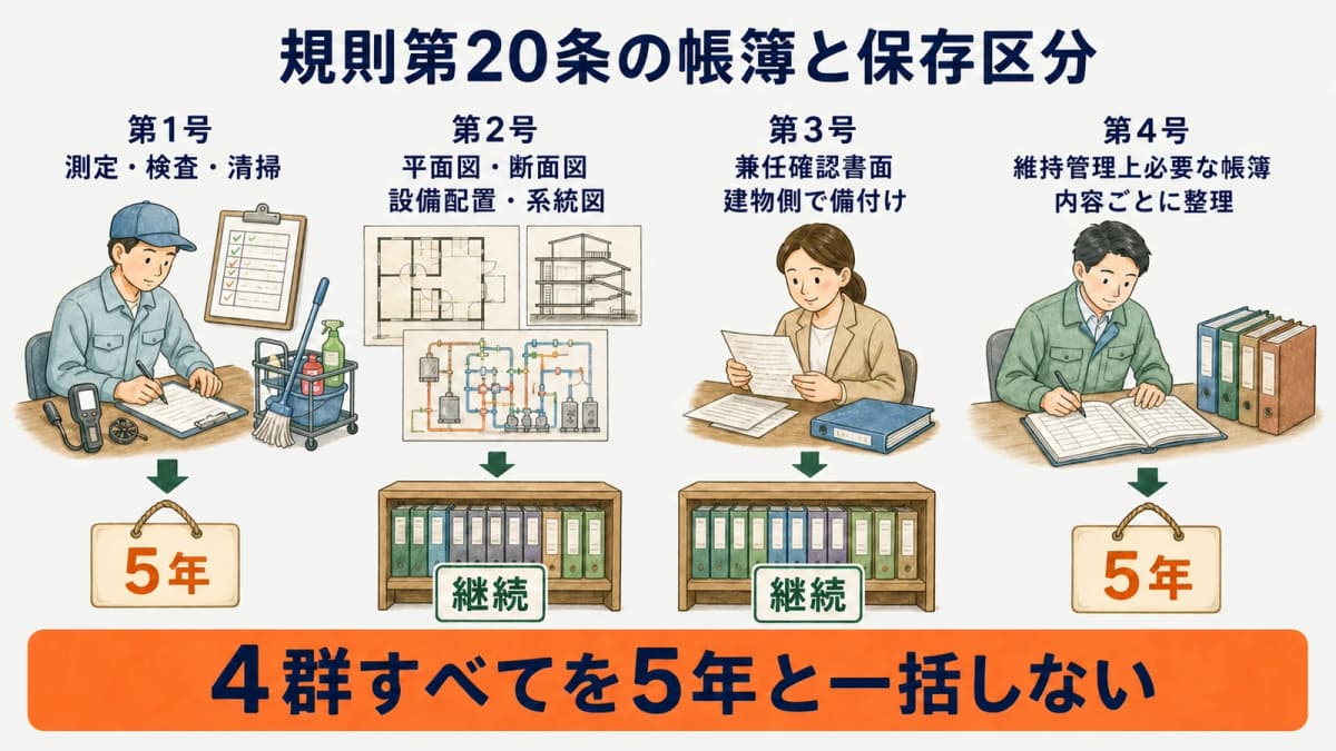 規則第20条の帳簿4群と5年保存・継続備付けを分けた一覧