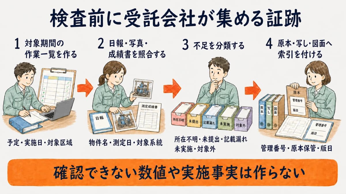 受託現場から証跡を回収し原本・写し・図面へ索引を付ける準備手順