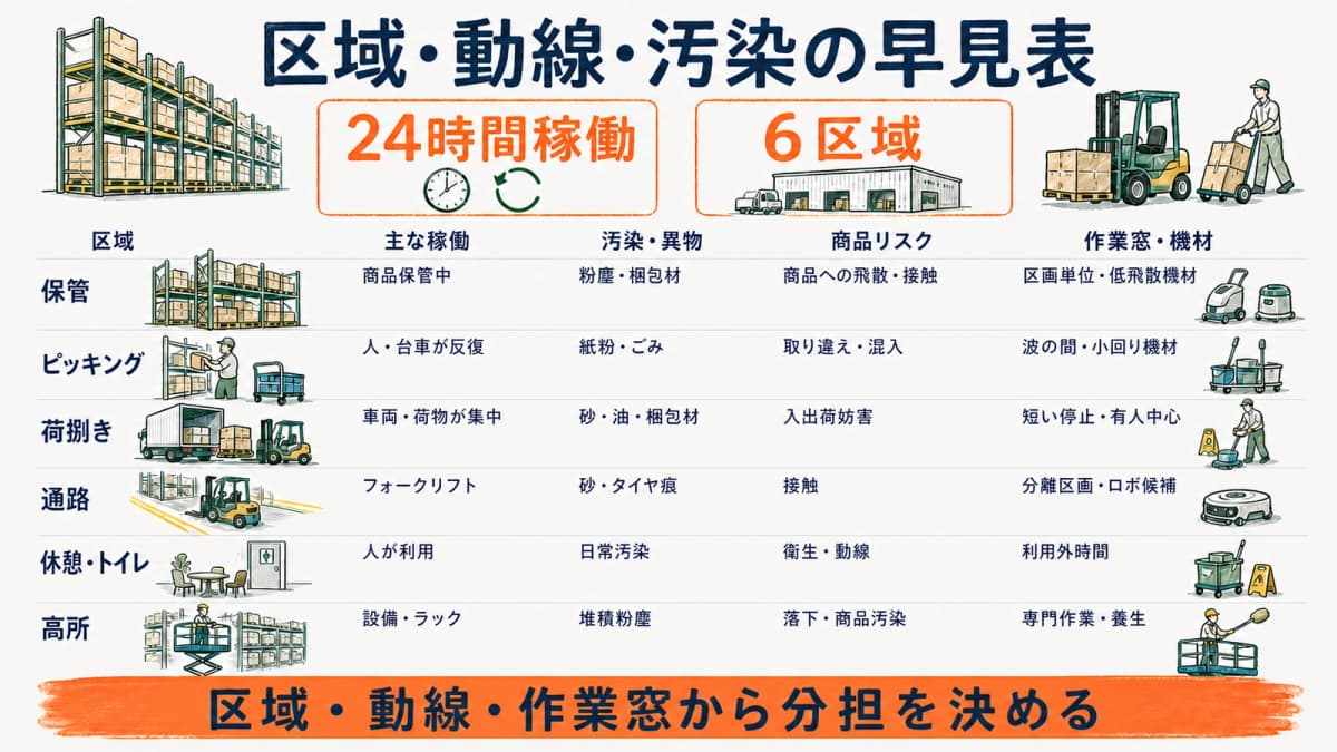 物流倉庫の6区域を稼働・汚染・商品リスク・作業窓・機材で示す早見表
