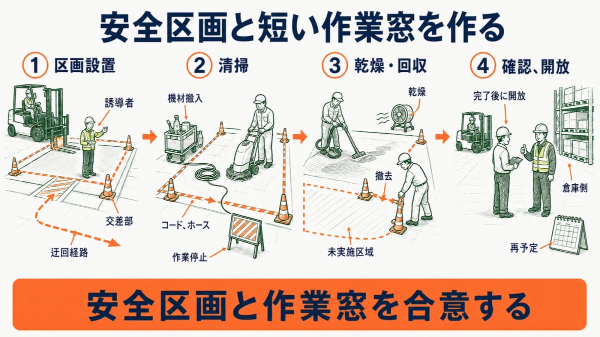 フォークリフトと清掃員を分離し区画・短い作業窓・停止条件を決める図