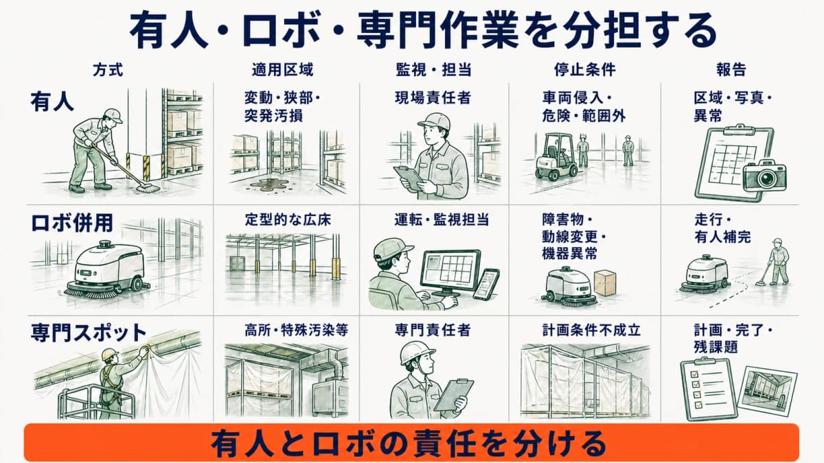 有人・ロボ併用・専門スポットを適用区域・監視・停止条件・報告で比較する図
