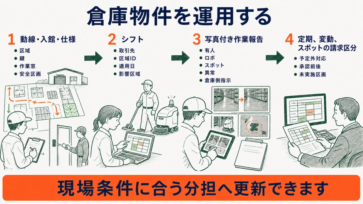 動線・入館・仕様からシフト・作業報告・請求へつなぐ倉庫運用図