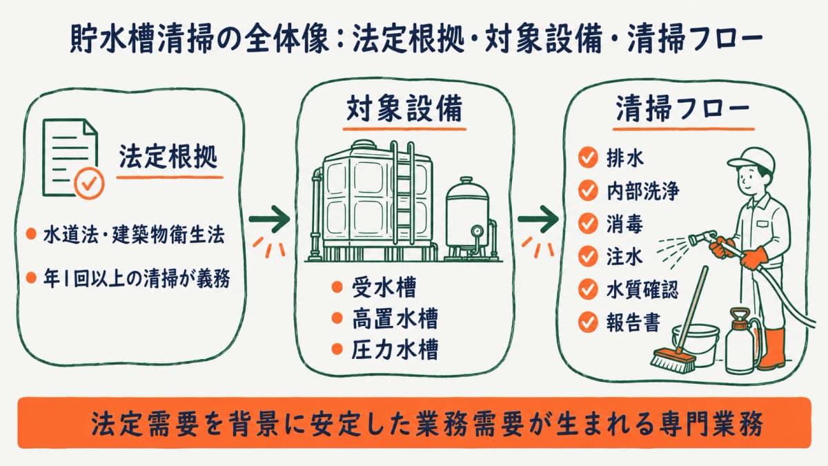 貯水槽清掃の全体像を示す図:受水槽・高置水槽の清掃フローと法定根拠