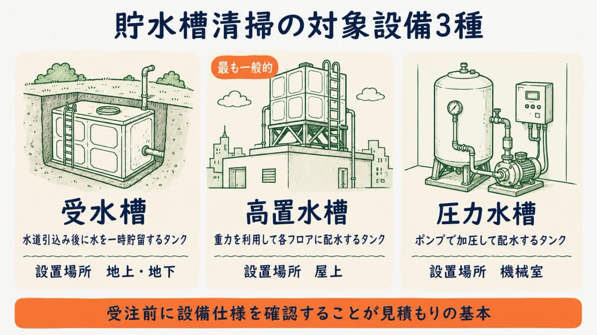 貯水槽清掃が対象とする受水槽・高置水槽の種別と用途を整理した図